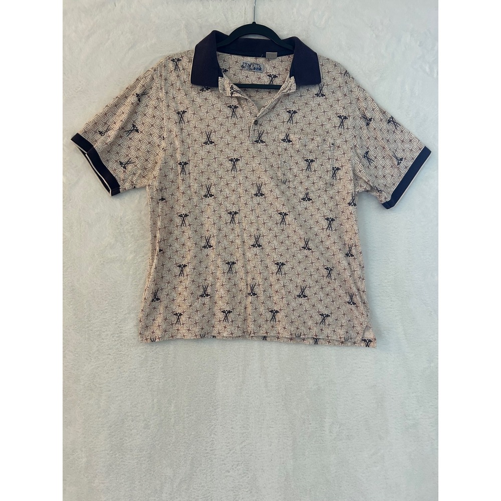 Penguin‎ Sport Mens M Polo Shirt Tan Navy Blue Golf Club Geometric Print Cotton